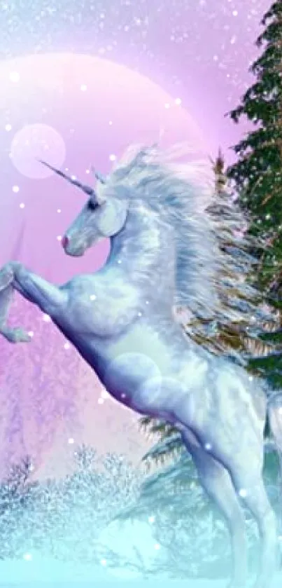 Majestic unicorn in a fantasy winter forest with pastel hues.