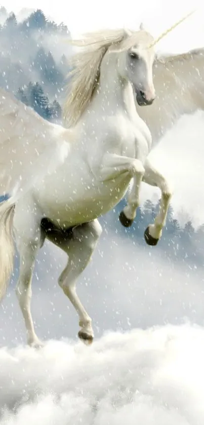 Majestic unicorn flying among clouds in a mystical fantasy scene.