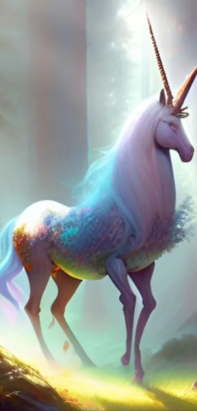 Mystical unicorn standing in an enchanted forest with ethereal light.