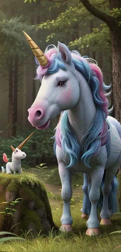 Majestic unicorn and baby in forest wallpaper.