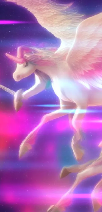 Majestic unicorn flying through a colorful galaxy with vibrant wings.