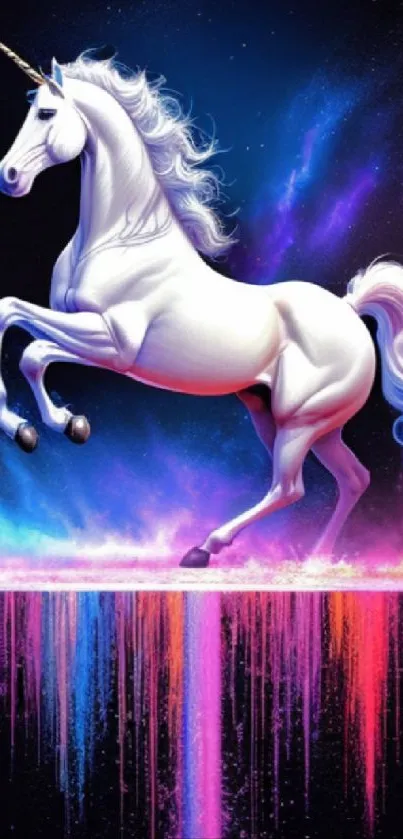 Majestic white unicorn prancing in a colorful cosmic galaxy with vibrant splashes.