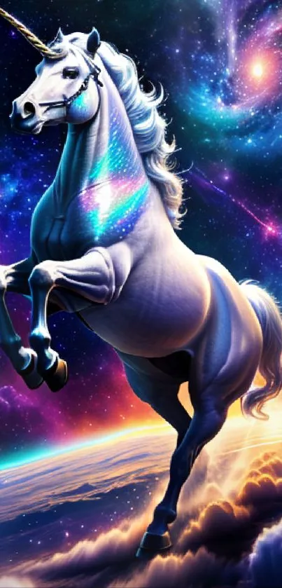 Majestic unicorn in a vibrant cosmic galaxy background.