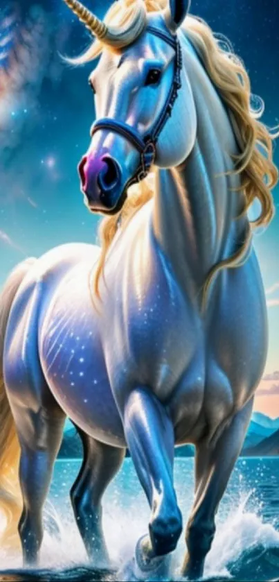 Beautiful unicorn with sea and galaxy background.