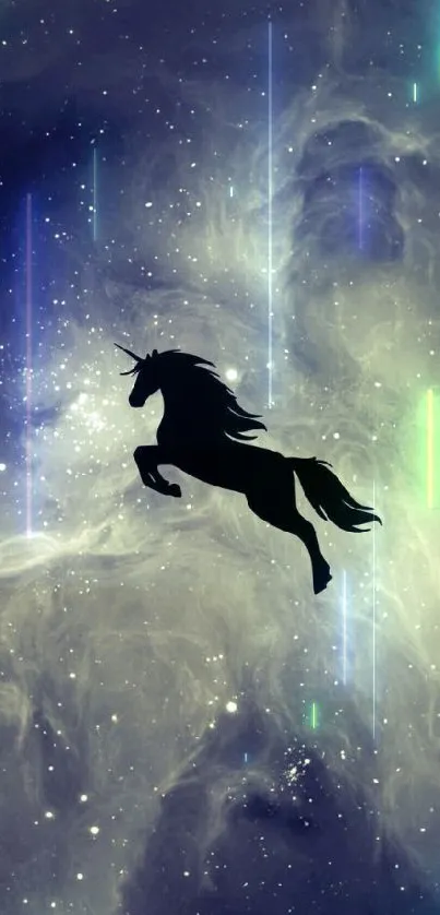 Unicorn silhouette against galaxy background.