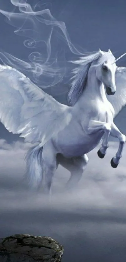 Majestic unicorn soaring through clouds on a dreamy blue background.