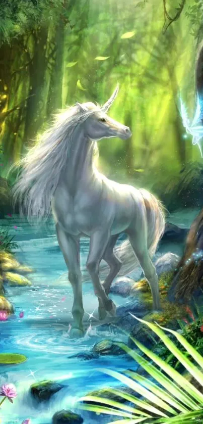 A unicorn stands by a stream in an enchanted forest with butterflies.