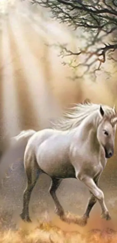 Majestic unicorn in a sunlit enchanted forest mobile wallpaper.