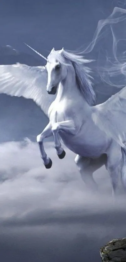 Majestic unicorn flying amidst the clouds.