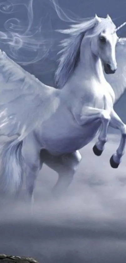 Majestic unicorn with wings in a misty, mystical scene.