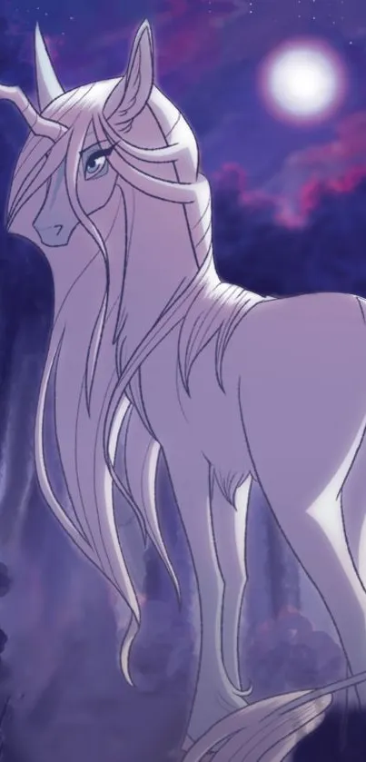 A majestic unicorn stands under the moonlit sky, exuding an ethereal and mystical aura.