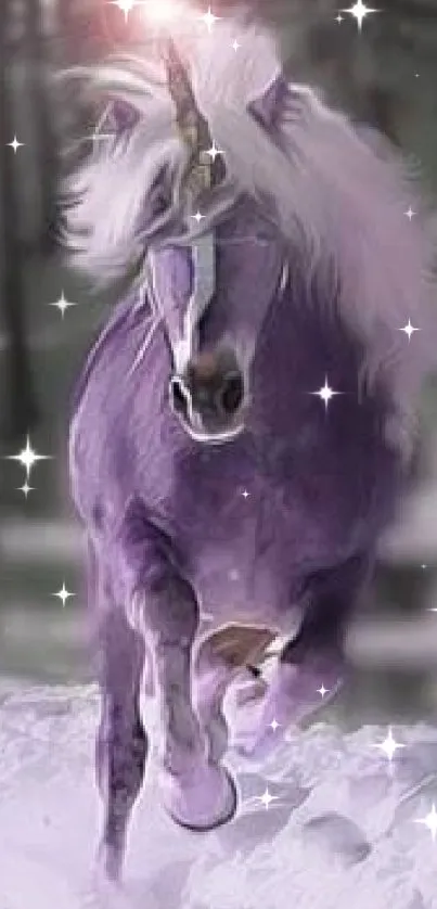 Purple unicorn galloping in snowy forest scene.