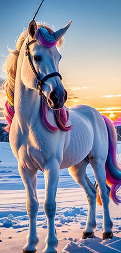 Majestic unicorn with colorful mane in a snowy sunset setting.