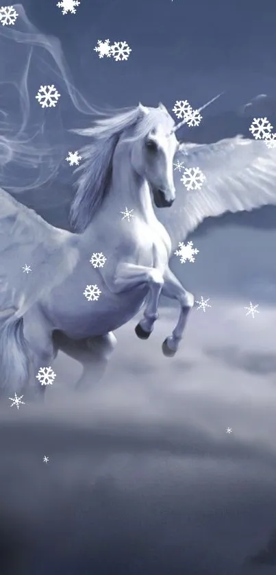 Magical unicorn flying through snowy landscape.