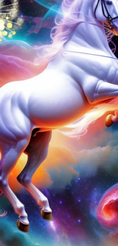 Majestic unicorn in a colorful cosmic space scene with vibrant hues.