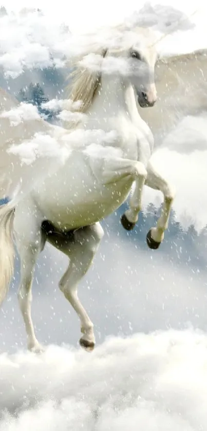 Majestic white unicorn with wings flying above misty clouds.