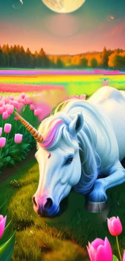 Majestic unicorn lies in vibrant pink tulip field under a glowing moonlit sky.