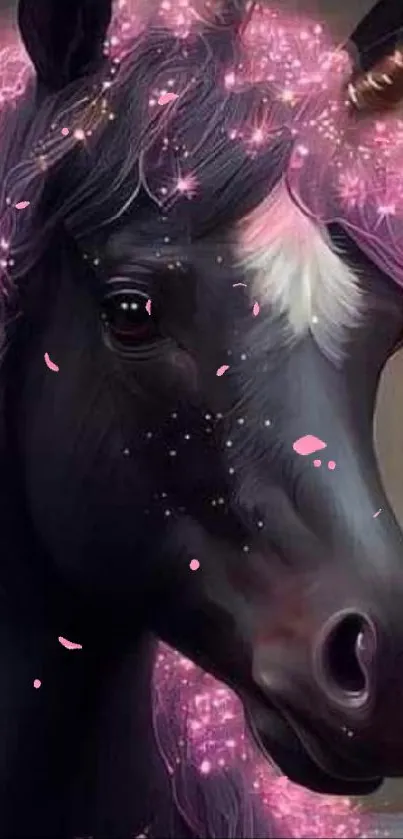 Unicorn with purple mane illuminated by pink light.