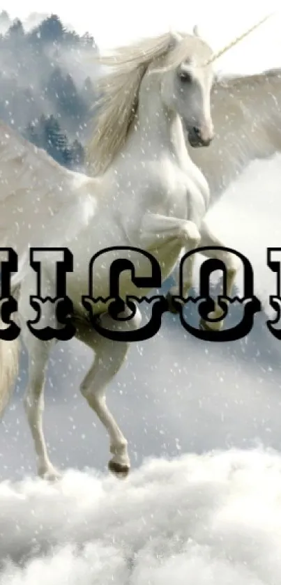 Majestic unicorn among clouds and snow.