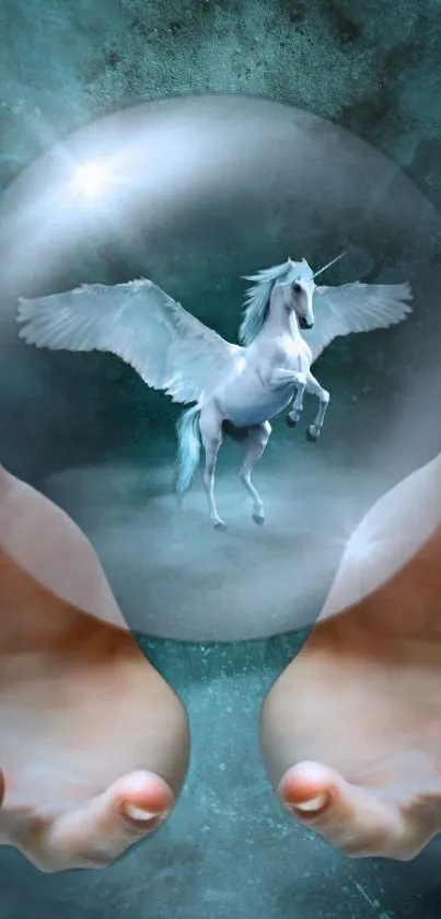 Fantasy unicorn with wings in an orb held by hands, teal background.