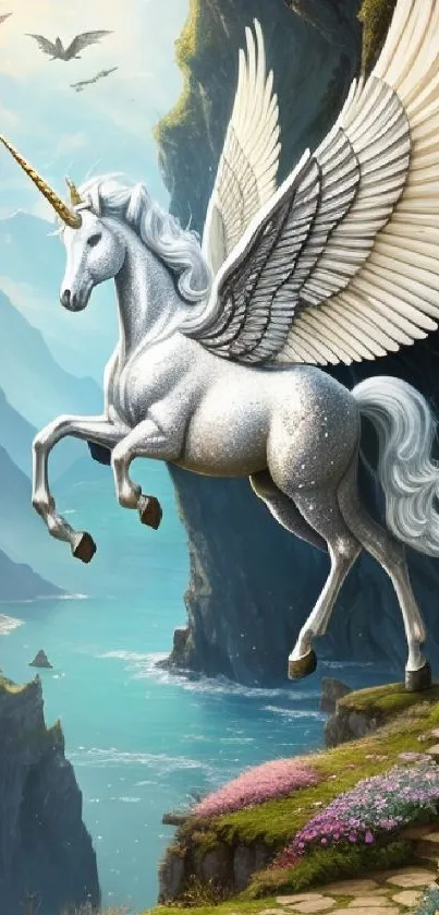 Winged unicorn soaring over blue cliffside landscape.