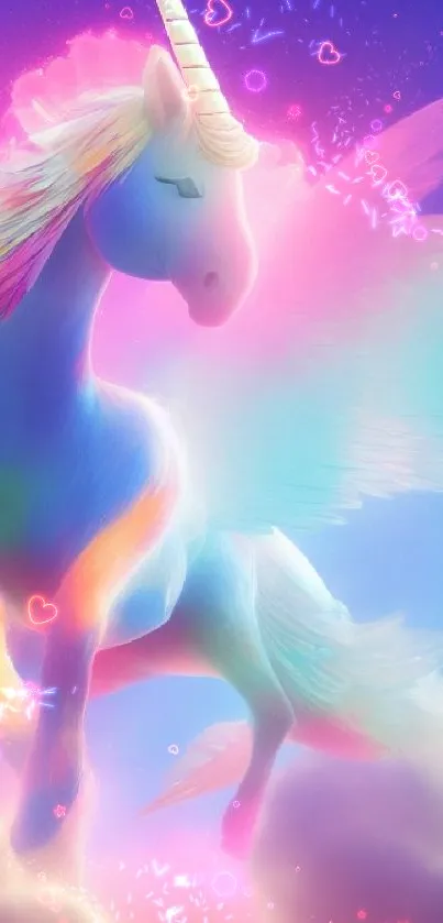 Vibrant pastel unicorn with wings in a cloudy sky backdrop.