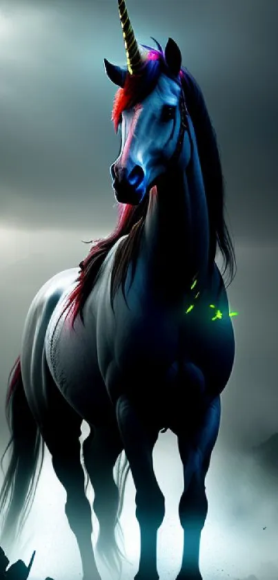 A majestic unicorn stands illuminated under a cloudy gray sky, glowing softly.