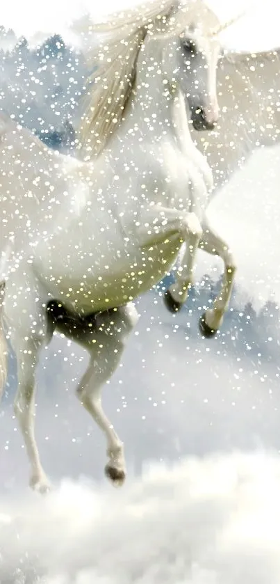 A unicorn with wings in a snowy fantasy setting.