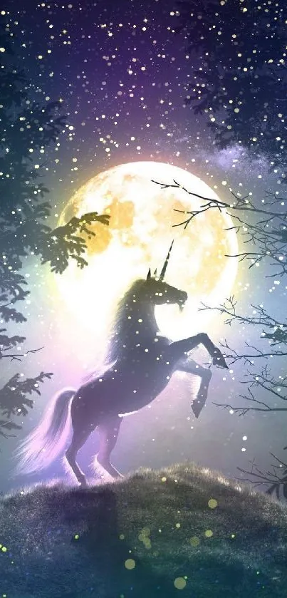 Unicorn silhouette with full moon backdrop in mystical forest.