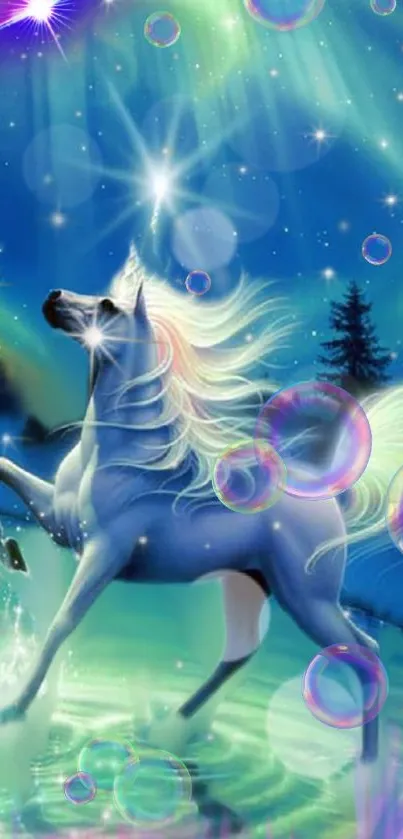 Mystical unicorn under a starry night sky with glowing colors and bubbles.