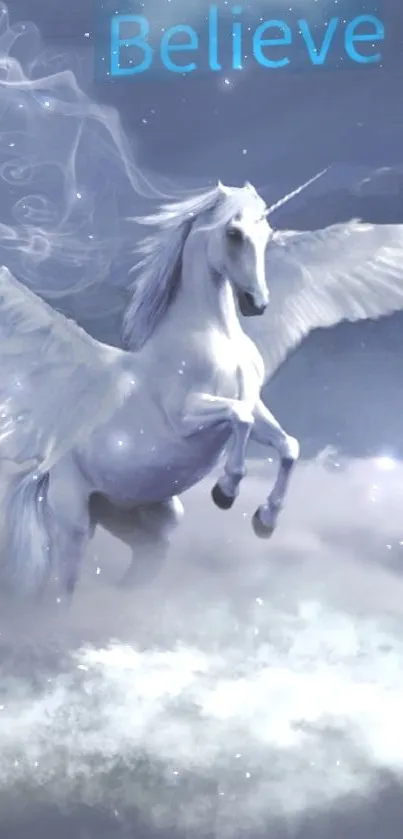 Winged unicorn flying in a starry night sky with the word 'Believe.'