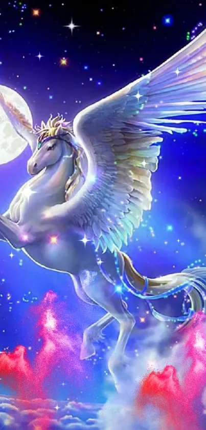 Magical unicorn flying in a starry night sky with moon and colorful clouds.