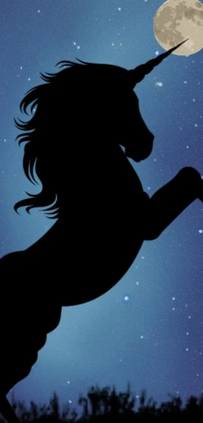 Silhouette of a unicorn against a starry night sky with a full moon.