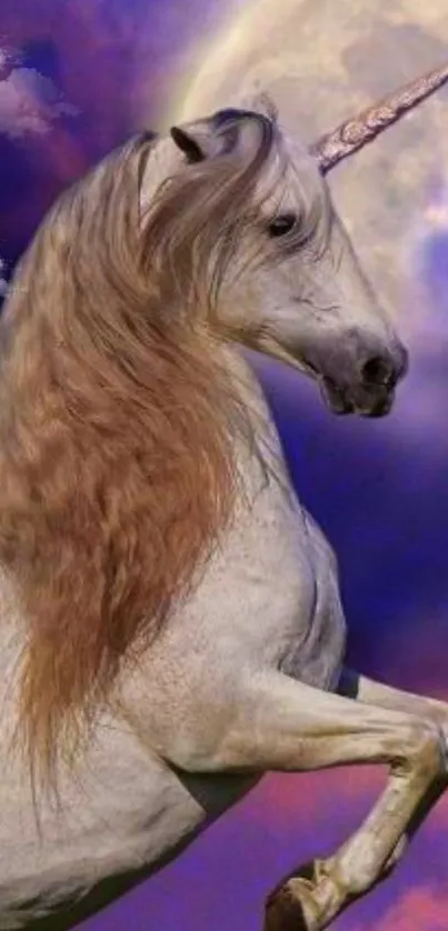 Unicorn rearing under a mystical purple sky with a glowing moon.