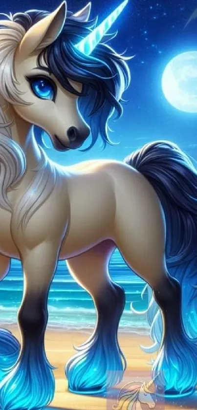 A majestic unicorn with a blue horn on a moonlit beach.