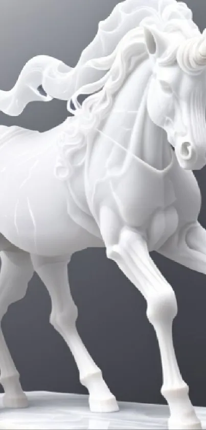 Elegant white unicorn sculpture wallpaper with detailed artistic design.