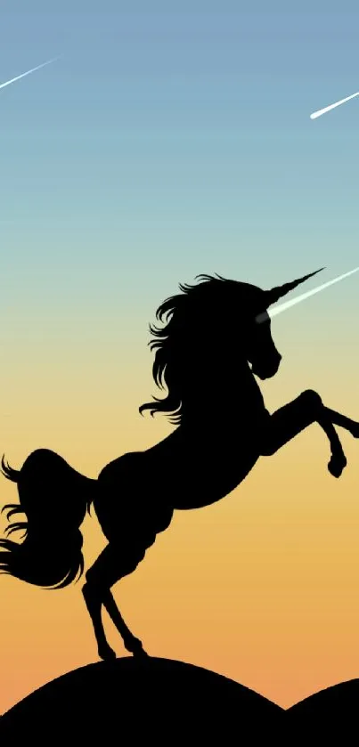 Unicorn silhouette with gradient sky background on a mobile wallpaper.