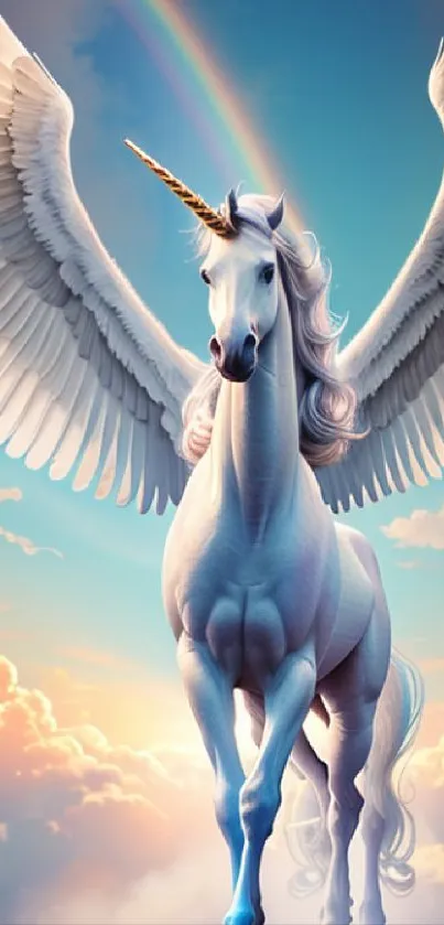 Winged unicorn soaring in cloudy, rainbow-filled sky wallpaper.