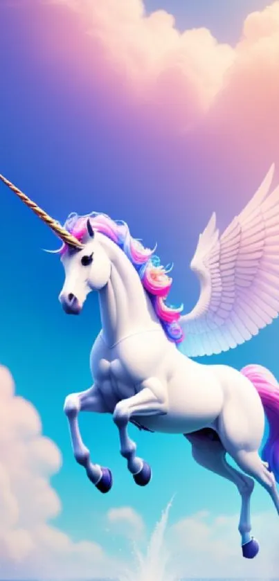 Winged unicorn soaring in a vibrant, colorful sky.