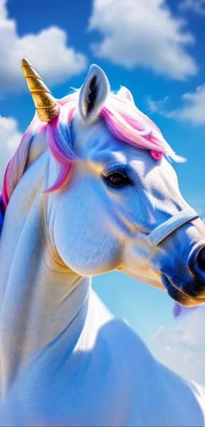 Unicorn with golden horn in a blue sky with clouds.