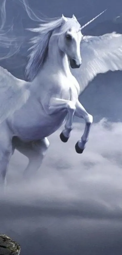 Majestic unicorn flying in cloudy sky wallpaper