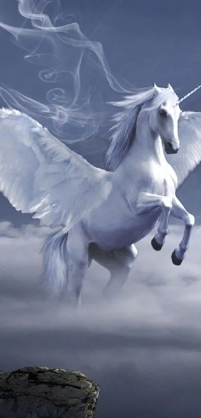 Flying unicorn in clouds mobile wallpaper.