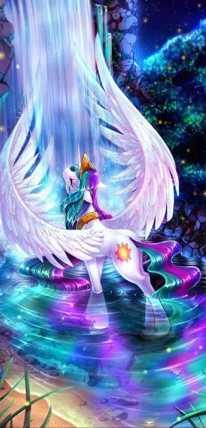 Majestic unicorn standing by a magical waterfall under the starlit sky.