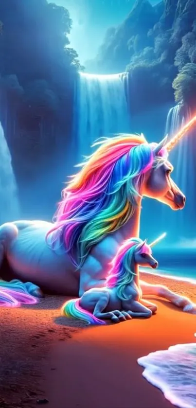 Unicorns resting by a vibrant waterfall.