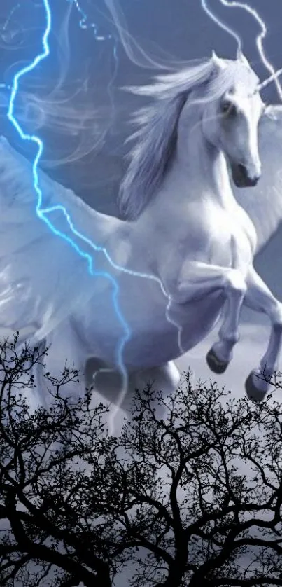 Majestic unicorn soaring amidst blue lightning and stormy skies.