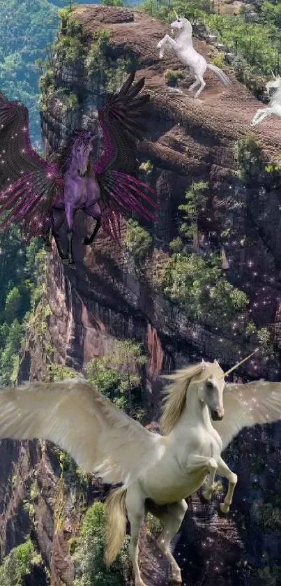 Unicorns flying over a lush cliff landscape.