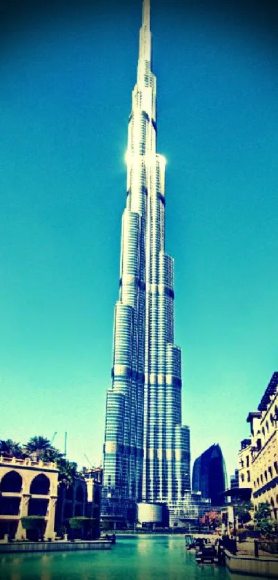 Mobile wallpaper of Burj Khalifa under a cyan sky.