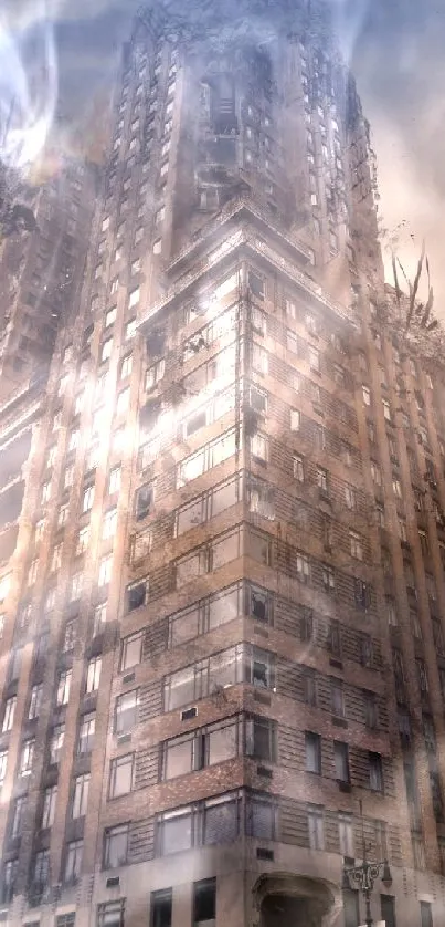 A towering skyscraper against a cloudy sky, showcasing intricate architectural details.
