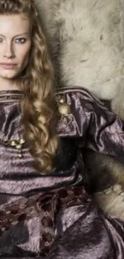 Regal woman on a Viking throne with fur backdrop.