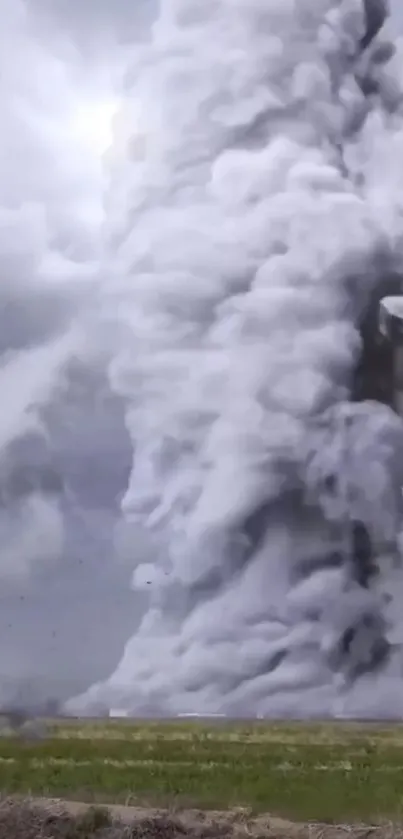 Volcanic eruption with ash and smoke rising into the sky.